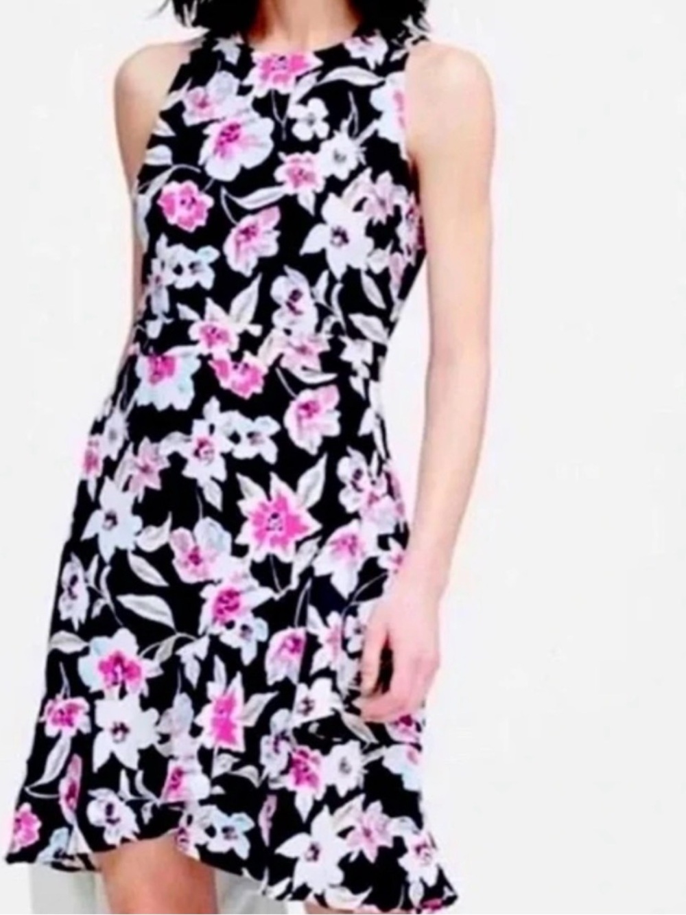 Banana Republic Navy Blue Pink Floral Print Racerback Ruffle Flounce Dress Sz 4